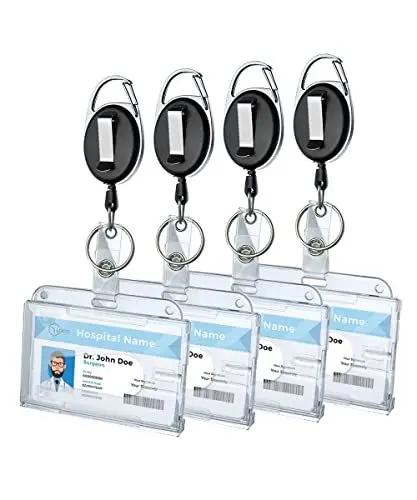 Produktbild: Schlüsselanhänger Ausweishalter 4er Set Milnsirk Ausweisjojo Badge Reel mit Vinylstrap und Schlüsselring, ID Card Badge Holder, Schlüsselband Ausziehbar, Karabiner und Gürtelclip zur Befestigung