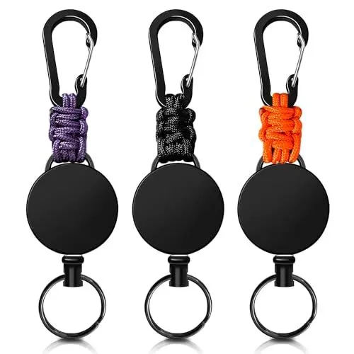Produktbild: Schlüsselanhänger Ausziehbar 3 Stücke Einziehbarer Schlüsselanhänger, Schlüsselband Ausziehbar Ausweis JoJo mit 60cm Stahldrahtseil, Ausweishalter Ausziehbar mit Karabiner (Schwarz+Orange+Lila)