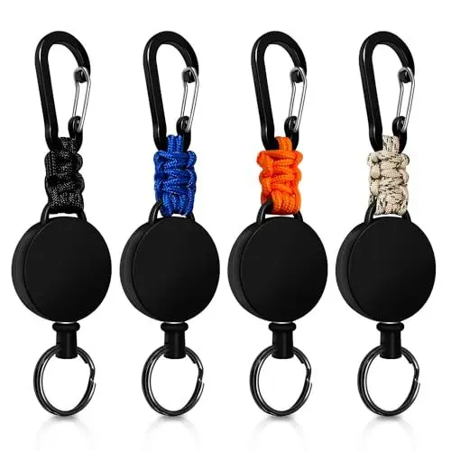 Produktbild: Schlüsselanhänger Ausziehbar, 4 Stücke Schlüsselband Ausziehbar, Einziehbarer Schlüsselanhänger Ausweis Jojo mit 60cm Stahldrahtseil (Schwarz + Beige + Blau + Orange)