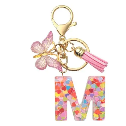 Produktbild: Schlüsselanhänger für Damen Mädchen Schlüsselringe Anfänglicher Schlüsselbänder Schlüsselbundbuchstabe mit Quaste Herz Schmetterling Pailletten für Handtaschen Handytaschen Anhänger Geldbörse Charms M