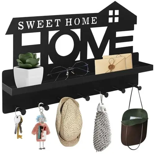 Produktbild: Schlüsselbrett mit Ablage Ohne Bohren Schwarz, Schlüsselboard Modern, Schlüsselhalter Wand mit 7 Schlüsselhaken und Wandgarderobe, Flur Deko Schlüsselleiste, Selbstklebend or Bohren Key Holder