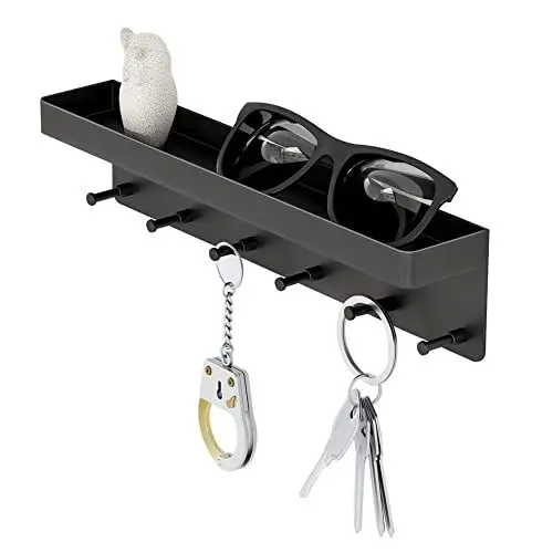 Produktbild: Schlüsselhalter, Schlüsselhalter aus Edelstahl mit Ablage, selbstklebender Schlüsselhalter, Schlüsselanhänger mit 6 Haken, Bohrfrei, Schlüssel Aufbewahrung Geeignet für Wohnzimmer, Büro (Schwarz)