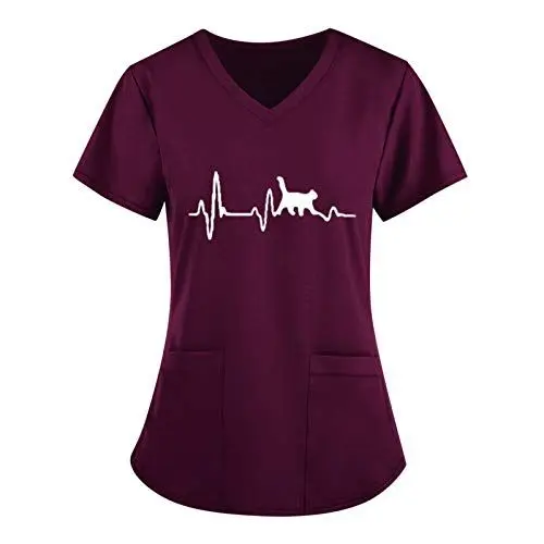 Produktbild: Schlupfhemd Berufskleidung Krankenpflege Uniform T-Shirt Medizinische Uniformen Arbeitskleidung Herzschlag Katze Motiv Schlupfkasack Damen Pflege Große Größen Kurzarm für Spa, Salon, Massage