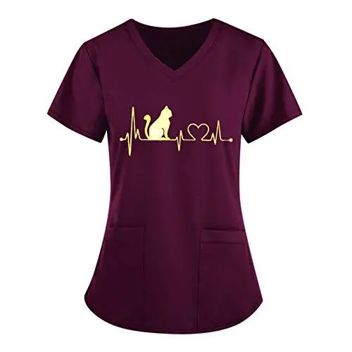 Produktbild: Kurzarm Shirt Bluse Farbe Kurze Damen Solide Uniform Top Print V-Ausschnitt Arbeitsärmel Tasche Niedliche Top Damenbluse Kurzarm und Brusttasche