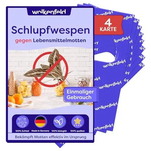 Produktbild: Schlupfwespen gegen Lebensmittelmotten – 4 Karten mit 1 Lieferung – Effektive & Chemiefreie Mottenbekämpfung – Natürliche Alternative zu Mottenfallen, Sprays & Pheromonfallen