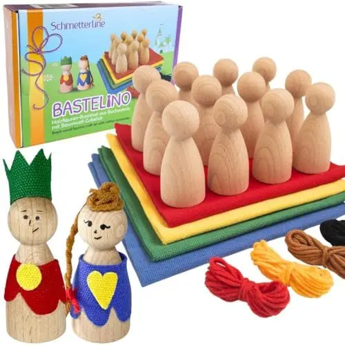 Produktbild: SCHMETTERLINE® Bastel-Set für Kinder – 12 Spiel-Figuren aus Holz zum Basteln, Bemalen, Dekorieren – Bastelbox