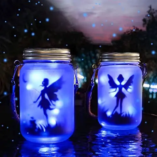Produktbild: Schmetterlingsfee im Einmachglas, Mostof 2 Stück Hängend Solar Laterne Lichter für Außen, IP44 Wasserdicht Gartenleuchte für Drauße (Blau)