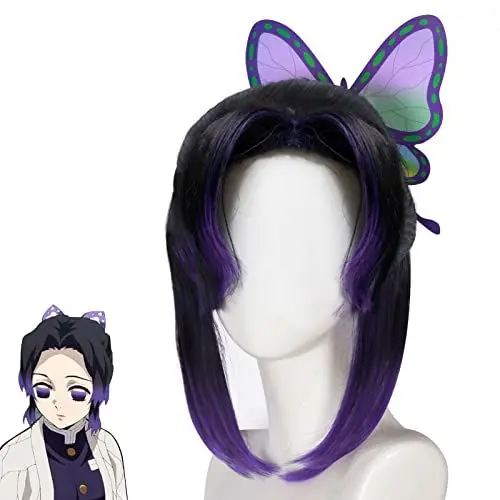 Produktbild: Schmetterling-verzierte kurze Perücke für Kochou Shinobu CosPlay Kostüm im Anime 'Dämon Slayer', Thema Party Perücke, Halloween Perücke Charakter Perücke Verkleiden Perücke (schwarz/lila)