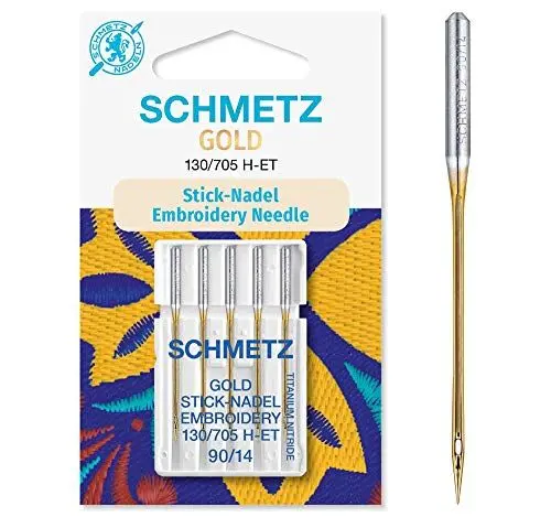 Produktbild: SCHMETZ | 5 Nähmaschinennadeln | Gold Stick (Embroidery) | 130/705 H-ET | Nadeldicke 90/14 | auf jeder gängigen Haushaltsnähmaschine und Haushaltsstickmaschinen einsetzbar