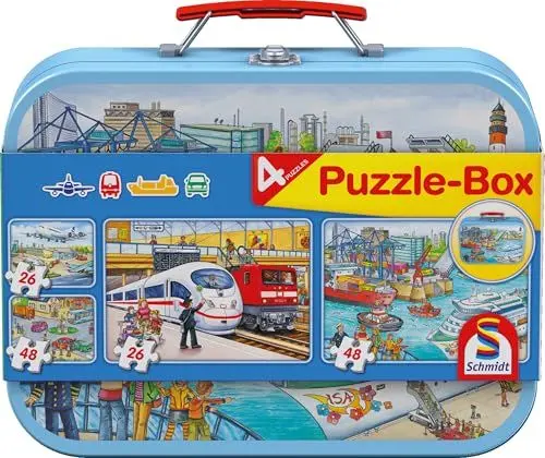Produktbild: Schmidt Spiele 56508 Verkehrsmittel, 4 Kinderpuzzle im Metallkoffer, 2x26 und 2x48 Teile