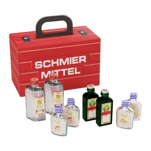 Produktbild: Schmiermittel Alkohol-Geschenk für Männer und Frauen, Geschenkidee im Werkzeugkoffer, 8 Spirituosen, verschiedene Geschmacksrichtungen, Koffer, Werkzeug, Schnaps, Likör, Jägermeister, Marille, Willi