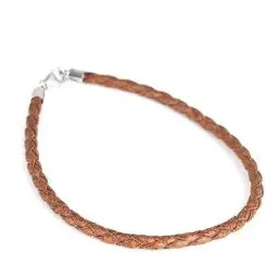 Produktbild: Perlin Schmuck Armband Beadarmband aus Leder mit 925er Sterling Silber Karabiner Verschluss, Hell Braun geflochten 3mm Lederband,
