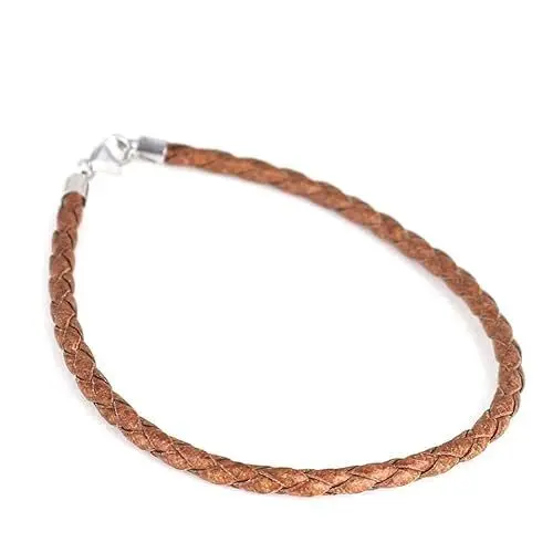 Produktbild: Schmuck Armband Beadarmband aus Leder mit 925er Sterling Silber Karabiner Verschluss, Hell Braun geflochten 3mm Lederband,
