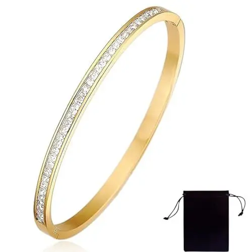 Produktbild: Schmuck Damen Armreif Mit Diamant Edelstahl Zirkonia einfache Stil Liebe Armband 51mm breit mit Schließe Armspange Gravur Gold