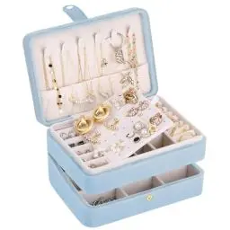 Produktbild: Schmuckkästchen Mädchen: Klein Schmuckkasten Damen, 2 Ebenen Samt Schmuckaufbewahrung,Schmuck Reiseetui für Reisen Ringe Ohrringe Halsketten Frauen Teenager Mädchen Geschenke (Blau Grau)