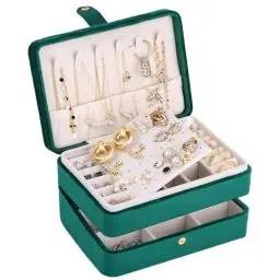 Produktbild: Schmuckkästchen Mädchen: Klein Schmuckkasten Damen, 2 Ebenen Samt Schmuckaufbewahrung,Schmuck Reiseetui für Reisen Ringe Ohrringe Halsketten Frauen Teenager Mädchen Geschenke (Grün)