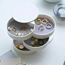 Produktbild: Schmuckschatulle Damen Schmucktabletts 4 Ebenen Drehbar Schmuckdose 360 Drehbar Schmuckkasten für Ringe Ohrringe Halskette Geburtstag Geschenk Mädchen Frauen (weiß)