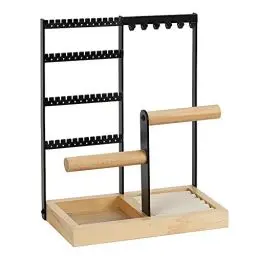 Produktbild: Schmuckständer, 4-stöckiger Ohrringhalter, Schmuck-Organizer mit Holzringablage für Halsketten, Ohrstecker, Armbänder, Ringe, Uhren (schwarz)