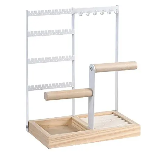 Produktbild: Schmuckständer, 4-stöckiger Ohrringhalter, Schmuck-Organizer mit Holzringablage für Halsketten, Ohrstecker, Armbänder, Ringe, Uhren (weiß)