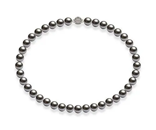 Produktbild: Schmuckwilli Perlenkette für Damen Magnetverschluß - 42cm Länge mit 10mm großen dunkel grauen runden Mallorca Perlen - Muschelkernperlen Kette für jeden Anlass - die Halskette Pearl Necklace für Frau