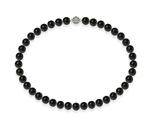 Produktbild: Schmuckwilli Perlenkette für Damen Magnetverschluß - 42cm Länge mit 10mm großen schwarzen runden Mallorca Perlen - Muschelkernperlen Kette für jeden Anlass - die Halskette Pearl Necklace für Frauen