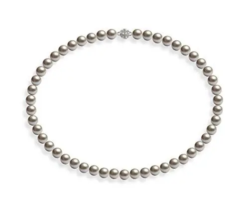 Produktbild: Schmuckwilli Perlenkette für Damen Magnetverschluß - 42cm Länge mit 8mm großen hell grauen runden Mallorca Perlen - Muschelkernperlen Kette für jeden Anlass - die Halskette Pearl Necklace für Frauen