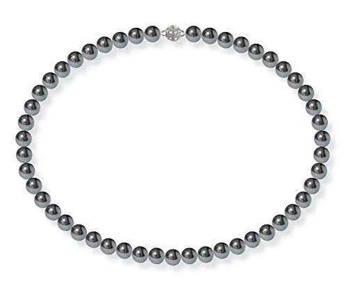 Produktbild: Schmuckwilli Perlenkette für Damen Magnetverschluß - 42cm Länge mit 8mm großen schwarzen runden Mallorca Perlen - Muschelkernperlen Kette für jeden Anlass - die Halskette Pearl Necklace für Frauen