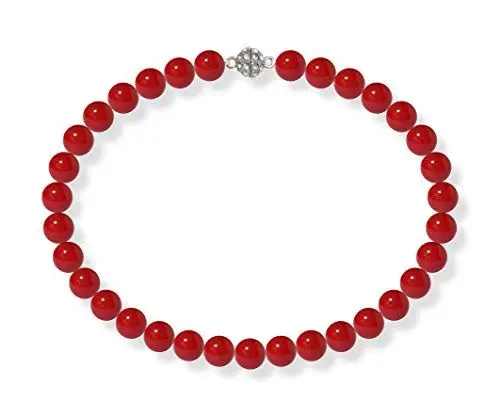 Produktbild: Schmuckwilli Perlenkette für Damen Magnetverschluß - 45cm Länge mit 12mm großen roten runden Mallorca Perlen - Muschelkernperlen Kette für jeden Anlass - die Halskette Pearl Necklace für Frauen