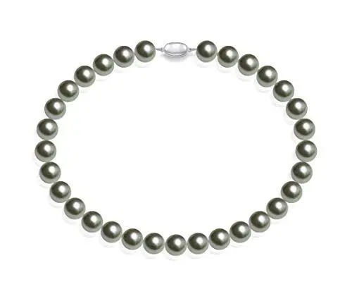 Produktbild: Schmuckwilli Perlenkette für Damen - 45cm Länge mit 14mm großen hell grauen runden Mallorca Perlen - Elegante Kette mit Muschelkernperlen für jeden Anlass