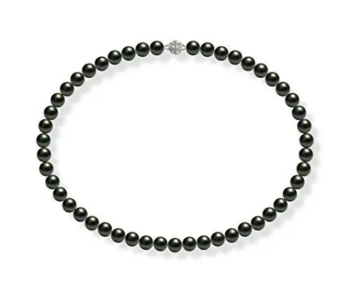 Produktbild: Schmuckwilli Perlenkette für Damen Magnetverschluß - 45cm Länge mit 8mm großen schwarzen runden Mallorca Perlen - Muschelkernperlen Kette für jeden Anlass - die Halskette Pearl Necklace für Frauen