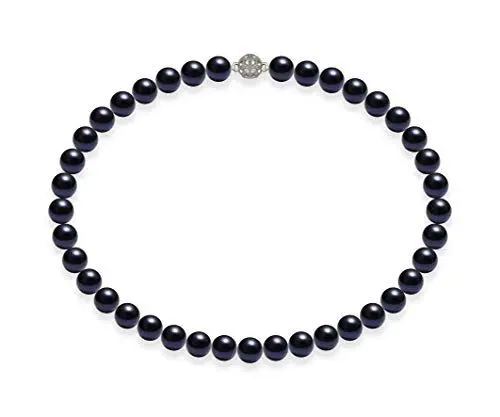Produktbild: Schmuckwilli Perlenkette für Damen Magnetverschluß - 50cm Länge mit 10mm großen dunkel blauen runden Mallorca Perlen - Muschelkernperlen Kette für jeden Anlass - die Halskette Pearl Necklace für Frau