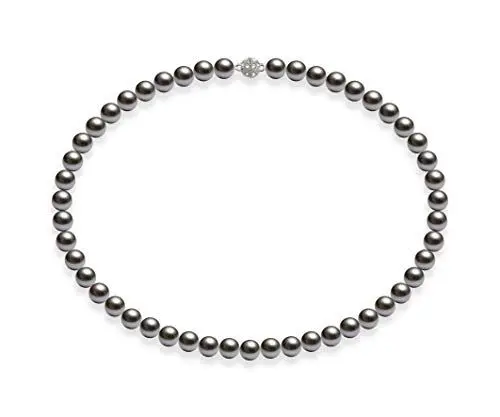 Produktbild: Schmuckwilli Perlenkette für Damen Magnetverschluß - 50cm Länge mit 8mm großen dunkel grauen runden Mallorca Perlen - Muschelkernperlen Kette für jeden Anlass - die Halskette Pearl Necklace für Frau