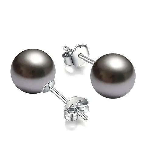Produktbild: Schmuckwilli Perlenohringe für Damen & Mädchen - mit 8mm großen grauen runden Muschelkernperlen MK Perlen - Elegante Ohrringe für jeden Anlass - Ohrstecker - Ohrhänger Pearl earrings für Frauen