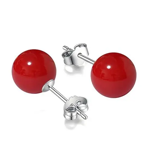 Produktbild: Schmuckwilli Perlenohringe für Damen & Mädchen - mit 8mm großen roten runden Muschelkernperlen MK Perlen - Elegante Ohrringe für jeden Anlass - Ohrstecker - Ohrhänger Pearl earrings für Frauen