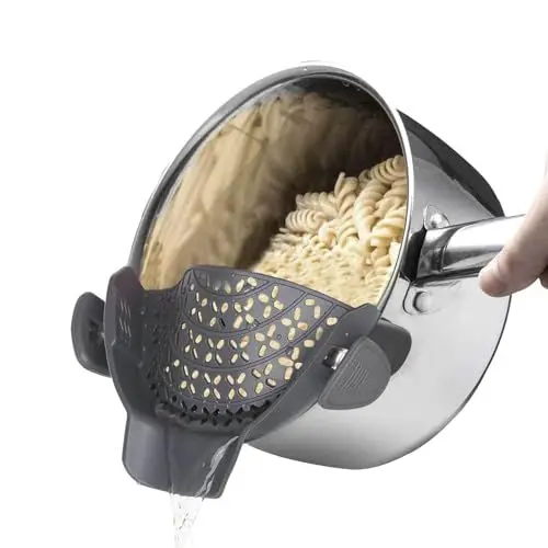 Produktbild: Schnappsieb Silikon Topfsieb Abgießhilfe - Grau Küchensieb, Lebensmittelsieb, Clip On Strainer - Geeignet für Töpfe und Pfannen zum Abtropfen von Gemüse, Obst und Spaghetti