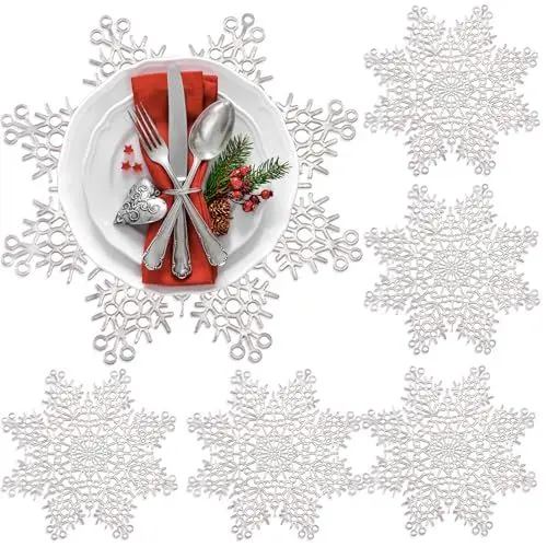Produktbild: Schneeflocke Tischsets 6er Set,PVC Weihnachten Platzset Dekorationen Schneeflocke Tischsets Ausgehöhltes Design Runde Platz Mats Esstisch Einstellung Küche Tischsets für Weihnachten Hochzeit (Silber)