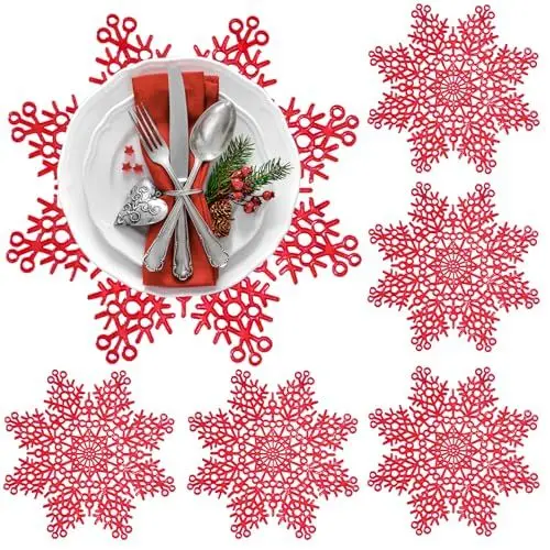 Produktbild: Schneeflocke Tischsets 6er Set,PVC Weihnachten Platzset Dekorationen Schneeflocke Tischsets Ausgehöhltes Design Runde Platz Mats Esstisch Einstellung Küche Tischsets für Weihnachten Hochzeit (Rot)