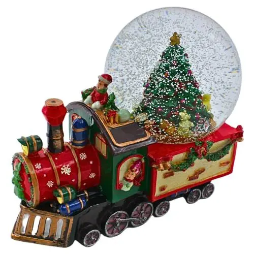 Produktbild: Schneekugel als Lokomotive mit Spielwerk, Winterkinder und Tannenbaum, Sockel als Lok, Melodie: We Wish You, Maße L/B/H 22 x 12 x 18 cm.