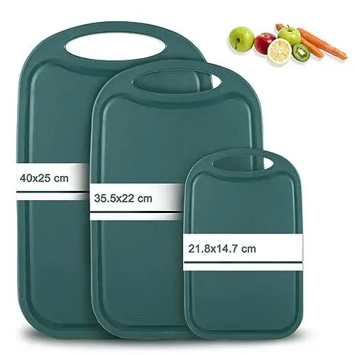 Produktbild: Schneidebrett Kunststoff, Hunnycook 3-tlg Schneidebrett Set mit Saftrillen und rutschfeste Griffe, Antibakteriell Schneidebretter/Frühstücksbrettchen kunststoff Green, BPA-frei, Spülmaschinenfest