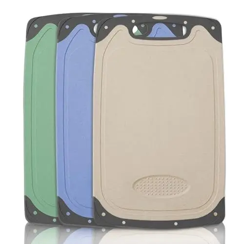 Produktbild: TOPAHGOD Schneidebrett Set, Frühstücksbrettchen BPA Frei mit Saftrillen, Küchenzubehör mit Griff Schneidebretter Kunststoff Antibakteriell, kratzfeste Schneidebretter für Küche (Beige + Grün+Blau)
