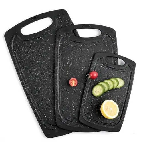 Produktbild: Aututer Schneidebrett Set 3 pcs Schneidebretter mit Rutschfesten Füßen und Saft Waschbecken Schwarz Schneidebrett Tragbares Schneidebrett für Gemüse Obst und Fleisch BPA-Free Spülmaschinenfest