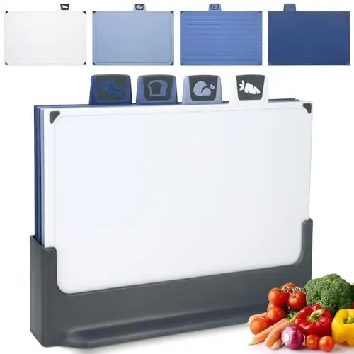 Produktbild: Schneidebrett Set 4 Stück, Schneidebrett Kunststoff mit Ständer, Index Schneidebretter Groß mit Saftrillen & Rutschfeste Griffe, Küchenbrett Frühstücksbrettchen BPA Frei für Fisch Fleisch Gemüse Obst