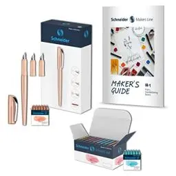 Produktbild: Schneider 399456 Callissima Kalligraphie-Set (Füller mit 3 Federbreiten, 66 Pastell Patronen in 8 Farben, inkl. Handlettering Guidebook) Gehäusefarbe: Apricot, 1 Stück (1er Pack)