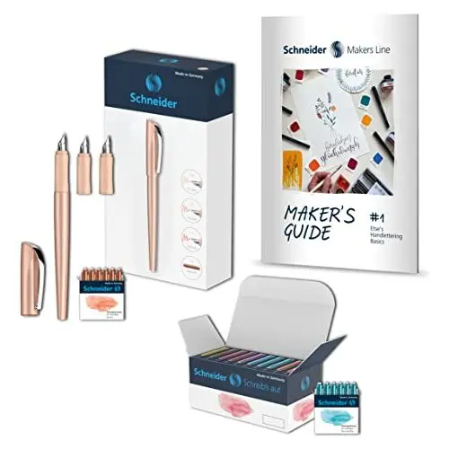 Produktbild: Schneider 399456 Callissima Kalligraphie-Set (Füller mit 3 Federbreiten, 66 Pastell Patronen in 8 Farben, inkl. Handlettering Guidebook) Gehäusefarbe: Apricot, 1 Stück (1er Pack)