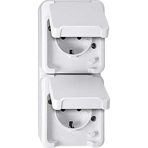 Produktbild: Schneider Electric Merten MEG2328-8019 Aufputz 2-Fach SCHUKO-Doppel-Steckdose 2-fach, Schutzkontaksteckdose, senkrecht angeordnet mit Berührungsschutz, IP44, polarweiß, AQUASTAR