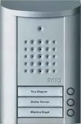 Produktbild: Schneider Electric Ritto Türstation, Entravox, Audio für 3-Familienhaus, Gegensprechanlage mit beleuchteten Klingeltasten, Aufputz, Außeneinheit, Silber eloxiert, Artikelnummer 1840320