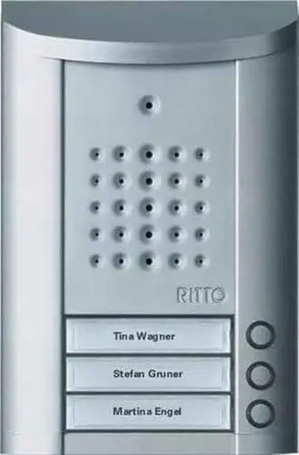 Produktbild: Schneider Electric Ritto Türstation, Entravox, Audio für 3-Familienhaus, Gegensprechanlage mit beleuchteten Klingeltasten, Aufputz, Außeneinheit, Silber eloxiert, Artikelnummer 1840320