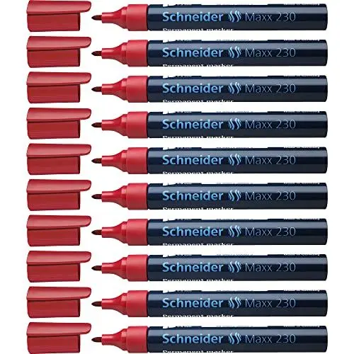 Produktbild: Schneider Maxx 230 Permanent-Marker mit Rundspitze (nachfüllbar, Cap-Off-Ink, Aluminiumschaft, 1 - 3 mm) 10er Packung rot
