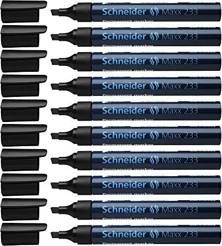 Produktbild: Schneider Maxx 233 Permanent-Marker mit Keilspitze (nachfüllbar, Cap-Off-Ink, Aluminiumschaft, 1 - 5 mm) 10er Packung schwarz