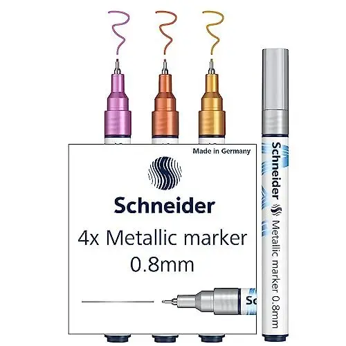 Produktbild: Schneider Paint-It Metallicmarker 4er Set (Set 2, Strichstärke 0,8 mm, neue Pigmenttechnologie, starker Glitzereffekt) silber, gold, kupfer, violett